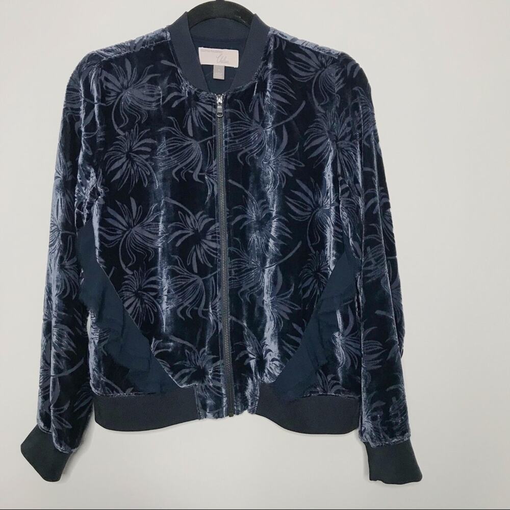 Chelsea28 X Olivia Palermo Small Navy Blue Velvet Burnout Bomber Jacket Rare